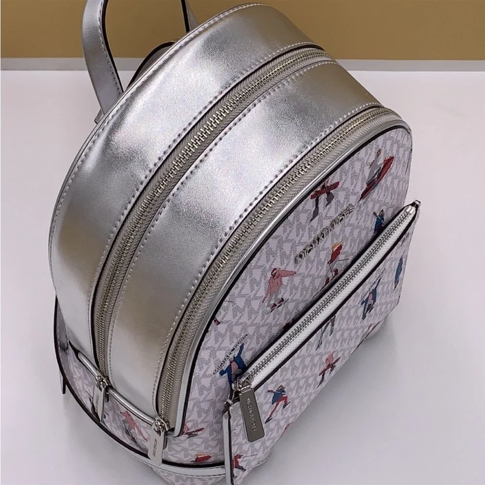 Michael Kors Jet Set Girls Adina Medium Backpack MK Bright White Silver Multi
